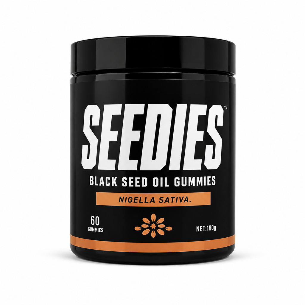 A black plastic jar of SEEDIES Black Seed Oil Gummies, specifically Nigella Sativa, on a clean white background.