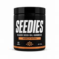 A black plastic jar of SEEDIES Black Seed Oil Gummies, specifically Nigella Sativa, on a clean white background.